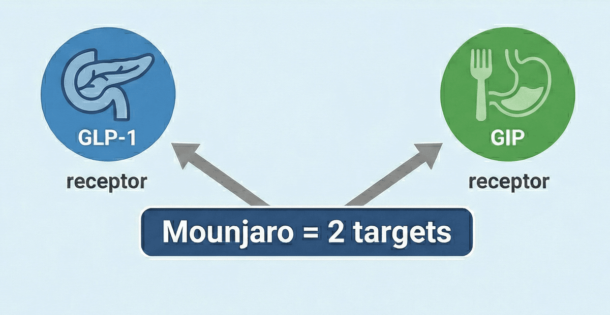 Mounjaro targets GLP‑1 and GIP receptors.