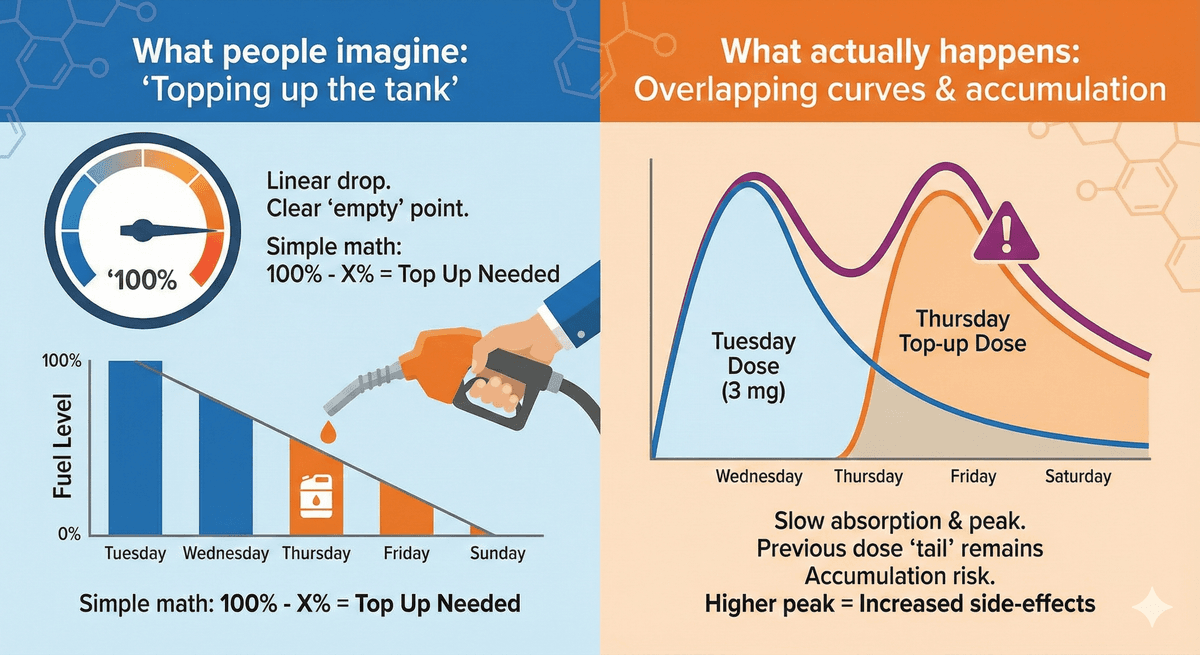 Comparison between a simple 'topping up' view of Mounjaro and the real overlapping dose pattern.