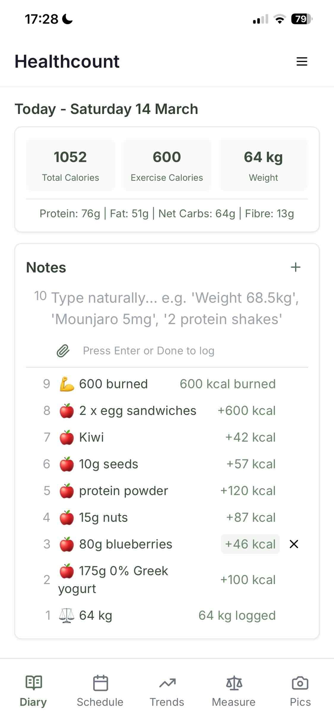 Healthcount diary view with natural language food logging.